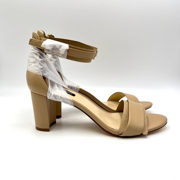 Nine West Womens Pruce Natural Nude Beige Tan Leather Block Heels Sandals Shoes - Picture 2 of 14